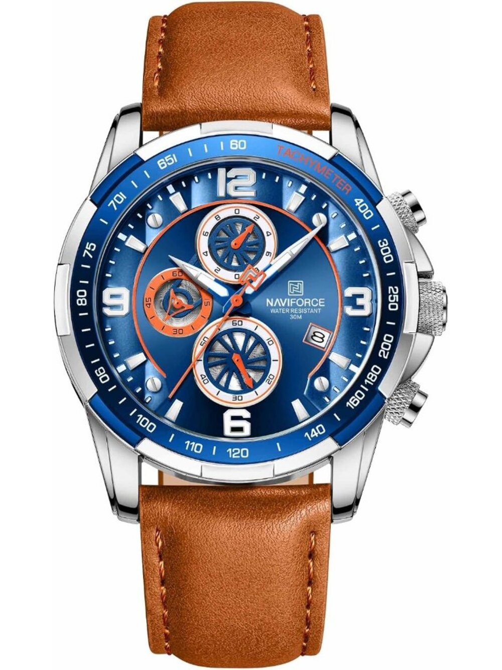 Men's Blue Brown Analog Quartz Chronograph Leather Strap Fashion Wrist Watch - Picture 1 of 6